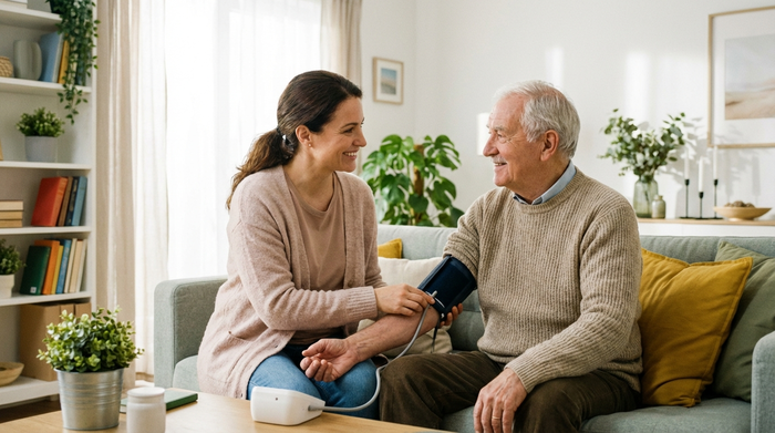 Eine einfühlsame Pflegekraft misst den Blutdruck eines älteren Herrn im gemütlichen Wohnzimmer. Helle, aufgeräumte Umgebung, medizinische Routine, vertrauensvoller Blickkontakt ohne Text oder Diagramme.