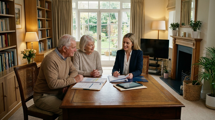 Ein älteres Ehepaar sitzt entspannt am Schreibtisch und schaut gemeinsam mit einer freundlichen Beraterin auf übersichtliche, ordentliche Dokumente. Warme, beruhigende Atmosphäre, seriöses und aufgeräumtes Umfeld.
