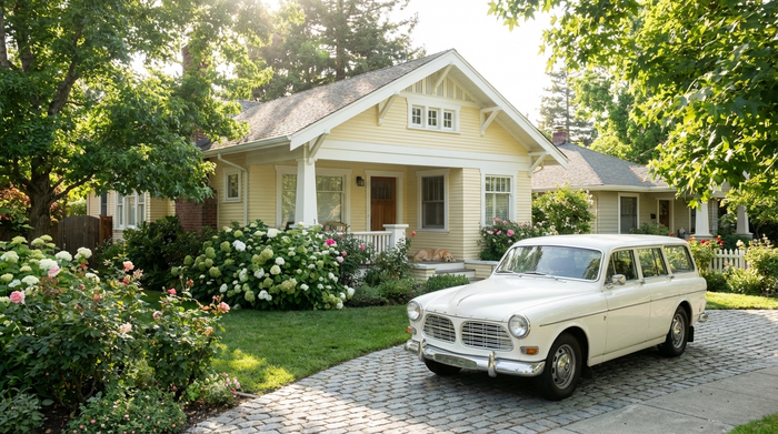 Ein weißes Auto parkt vor einem charmanten Einfamilienhaus in einer grünen, ruhigen Vorstadtsiedlung. Strahlender Sonnenschein, gepflegter Vorgarten, friedliche Stimmung in einer Wohngegend.