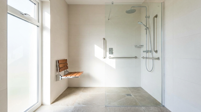 Eine moderne, barrierefreie, bodengleiche Dusche in einem hell gefliesten, blitzsauberen Badezimmer. Ein eleganter Duschklappsitz an der Wand, rutschfester Boden, viel natürliches Tageslicht.