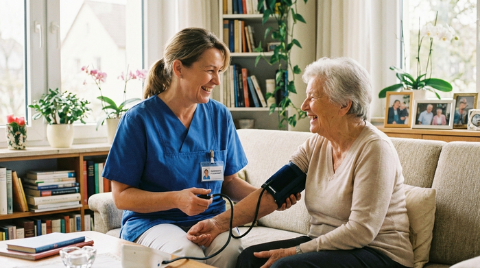 Eine examinierte Pflegekraft misst den Blutdruck einer älteren Dame im heimischen, hellen Wohnzimmer. Beide lächeln entspannt und wirken vertraut.