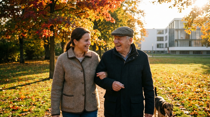 Eine engagierte Betreuungskraft und ein Senior spazieren gemeinsam durch einen herbstlichen Park in Dessau, Arm in Arm, umgeben von warmem Sonnenlicht und buntem Laub.