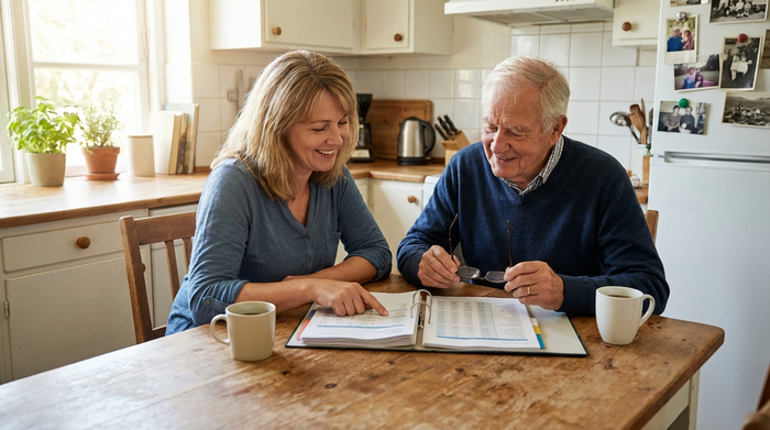 Eine Tochter sitzt mit ihrem älteren Vater am Küchentisch, sie schauen gemeinsam entspannt auf übersichtliche Dokumente in einer Mappe und besprechen die Finanzen.