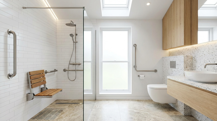 Ein modern gestaltetes, helles und barrierefreies Badezimmer mit einer bodengleichen Dusche, stabilen Haltegriffen an der Wand und einem komfortablen, klappbaren Duschsitz.