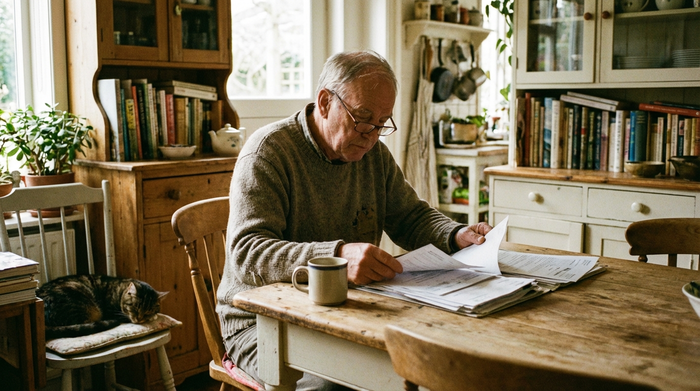 Ein älterer Herr mit Lesebrille sitzt an einem gemütlichen Küchentisch und sortiert konzentriert Dokumente. Neben ihm steht eine Tasse Kaffee. Helle, ruhige Wohnatmosphäre, realistischer Fotostil ohne Text oder Diagramme.