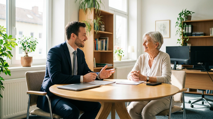 Ein freundlicher Berater im Anzug sitzt einer älteren Dame in einem hellen, einladenden Büro gegenüber. Sie besprechen entspannt Unterlagen. Vertrauensvolle Atmosphäre, professionelles Setting, ohne lesbaren Text.