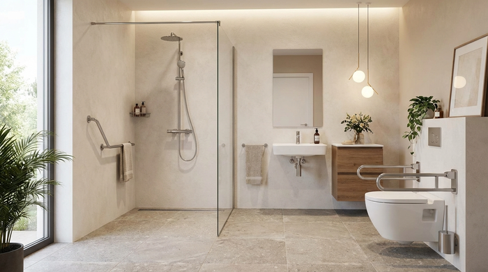Ein modernes, barrierefreies Badezimmer mit einer großzügigen, ebenerdigen Dusche, eleganten Haltegriffen an den hellen Wänden und rutschfesten Fliesen. Saubere und sichere Umgebung, realistisch und einladend dargestellt.