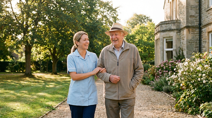 Eine lächelnde Pflegerin und ein Senior spazieren gemeinsam durch einen sonnigen, grünen Park einer Pflegeeinrichtung. Beide wirken glücklich und entspannt. Realistische, warme Lichtstimmung, natürliche Umgebung ohne Schriftzüge.