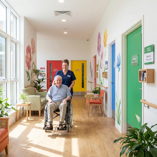 Ein heller, freundlich gestalteter Flur in einer Demenz-Wohngemeinschaft mit farbigen Türen zur besseren Orientierung. Ein älterer Rollstuhlfahrer wird von einer Pflegekraft begleitet.