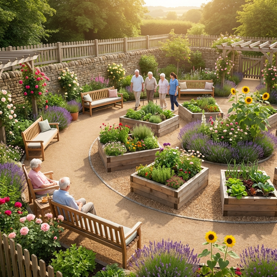 Ein geschützter, blühender Demenzgarten an einem sonnigen Nachmittag. Ein sicherer Rundweg führt vorbei an Hochbeeten und gemütlichen Holzbänken.