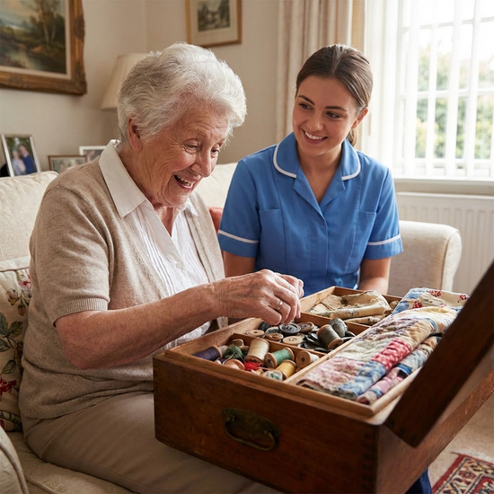 Eine ältere Dame betrachtet fasziniert eine Erinnerungskiste mit alten Nähutensilien und Stoffen. Eine junge Betreuerin sitzt aufmerksam daneben.