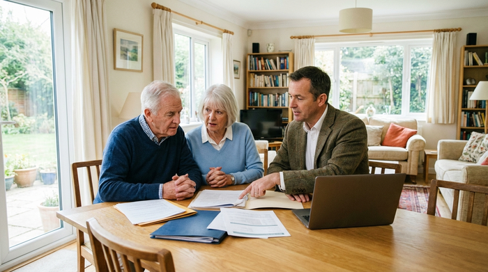 Ein älteres Ehepaar sitzt am heimischen Esstisch und bespricht ernsthaft Dokumente und Unterlagen mit einem freundlichen Berater in einem hellen Wohnzimmer.