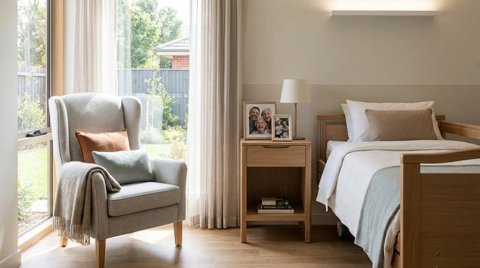 Ein modernes und sauberes Bewohnerzimmer in einem Pflegeheim. Ein gemütlicher Sessel, ein helles Fenster und persönliche Familienfotos auf dem Nachttisch schaffen eine wohnliche Atmosphäre.