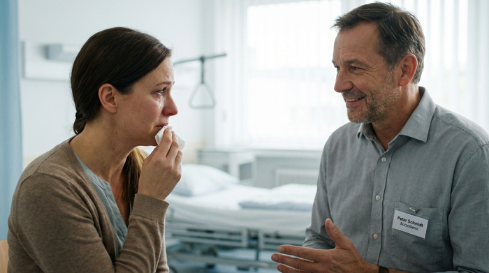 Ein freundlicher Sozialarbeiter im Gespräch mit einer besorgten Angehörigen in einem hellen Krankenhauszimmer. Der Sozialarbeiter wirkt beruhigend und kompetent. Im Hintergrund sieht man ein unscharfes, leeres Krankenhausbett. Realistisch, weiches Licht.