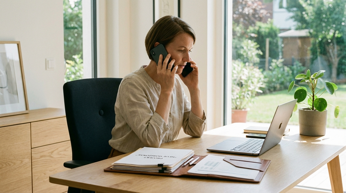 Eine organisierte Frau sitzt an einem aufgeräumten Schreibtisch zu Hause, telefoniert konzentriert mit einem Smartphone und hat eine ordentliche Mappe mit Dokumenten vor sich liegen. Natürliches Tageslicht, moderne Einrichtung.
