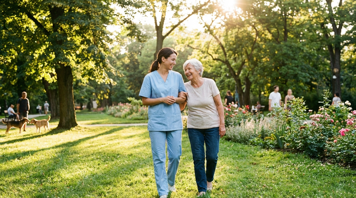 Eine freundliche, professionelle Pflegekraft in hellblauer Kleidung geht gemeinsam mit einer lächelnden Seniorin am Arm durch einen sonnigen, grünen Park. Entspannte und vertrauensvolle Stimmung, realistisch.