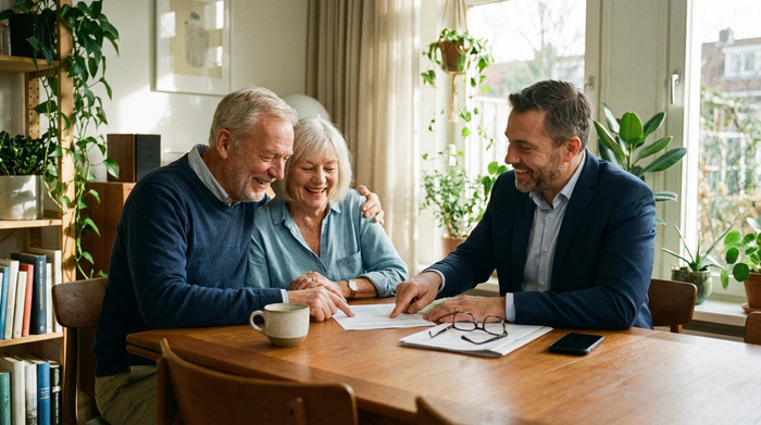 Ein älteres Ehepaar sitzt entspannt an einem Esstisch und schaut gemeinsam mit einem Berater auf ein paar Unterlagen. Die Stimmung ist erleichtert und positiv. Eine Tasse Kaffee steht auf dem Tisch. Helle, gemütliche Umgebung.