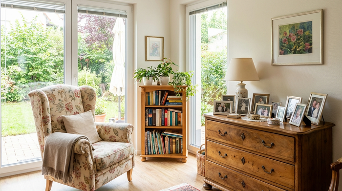 Ein helles, liebevoll eingerichtetes Zimmer in einer Seniorenresidenz. Ein bequemer Ohrensessel, ein kleines Bücherregal und persönliche Bilderrahmen auf einer Holzkommode. Große Fenster mit Blick ins Grüne. Einladend und wohnlich.