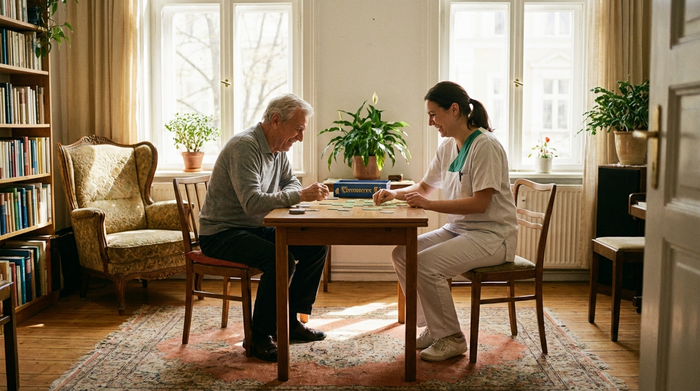 Ein älterer Herr mit grauem Haar lächelt entspannt, während er gemeinsam mit einer Pflegekraft in einem hellen Raum ein Brettspiel spielt. Angenehmes Tageslicht, gemütliche Einrichtung, fotorealistisch, keine Texte.