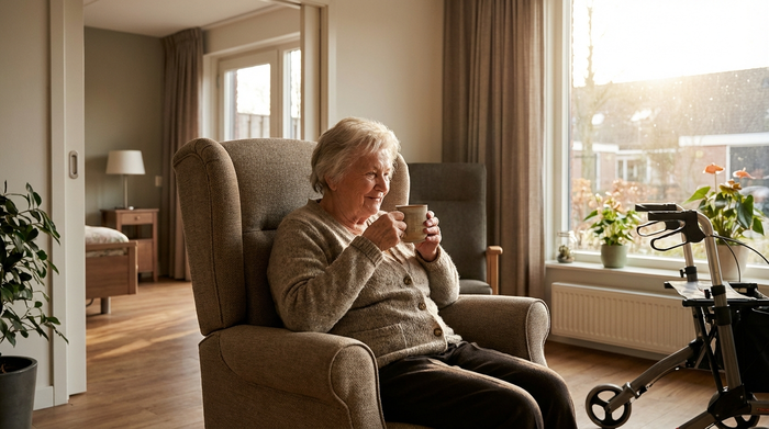Eine ältere Dame sitzt entspannt in einem bequemen Sessel in einem modernen, barrierefreien Wohnzimmer und trinkt Tee. Durch das Fenster fällt sanftes Nachmittagslicht. Realistisch, friedliche Stimmung, keine Schrift.