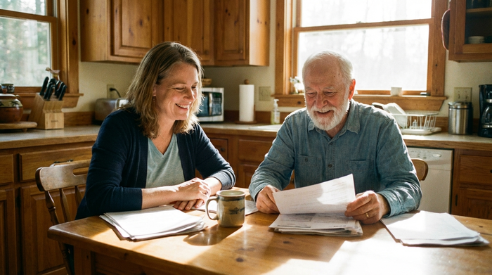 Ein lächelnder Senior und seine Tochter sitzen am Küchentisch und betrachten entspannt Papiere. Eine Kaffeetasse steht auf dem Tisch. Helle, freundliche Atmosphäre, fotorealistisch, keine lesbaren Texte.
