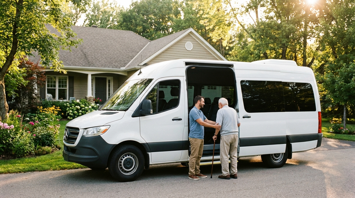 Ein moderner, weißer Kleinbus mit geöffneter Schiebetür steht vor einem gepflegten Einfamilienhaus im Grünen. Ein freundlicher Fahrer hilft einem Senior beim Einsteigen. Sonniges Wetter, realistische Szene, keine Logos oder Schriften.