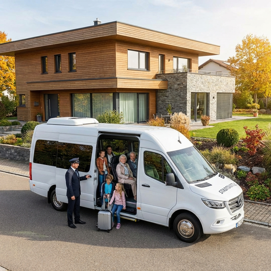 Ein moderner, weißer Kleinbus parkt vor einem gepflegten Einfamilienhaus, während ein Fahrer die Tür für Fahrgäste öffnet.