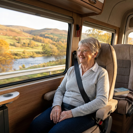 Eine ältere Dame sitzt entspannt und sicher angeschnallt in einem komfortablen Kleinbus und blickt lächelnd aus dem Fenster.