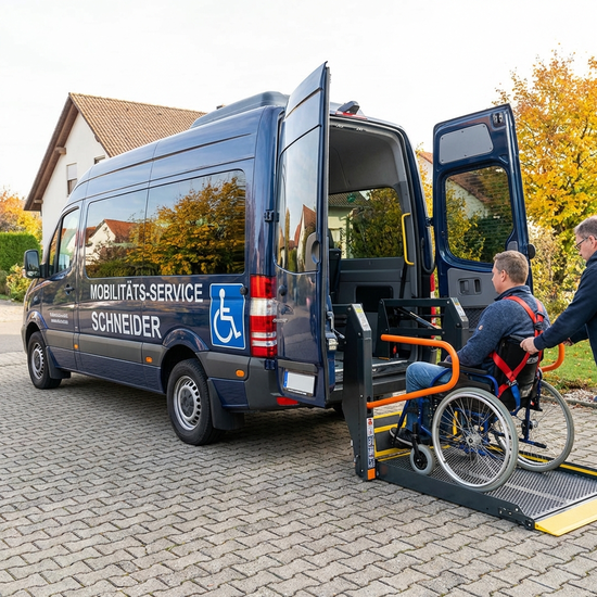 Ein spezialisierter Kleinbus mit ausgefahrener hydraulischer Hebebühne am Heck, bereit für einen sicheren Rollstuhltransport auf einer gepflasterten Auffahrt.