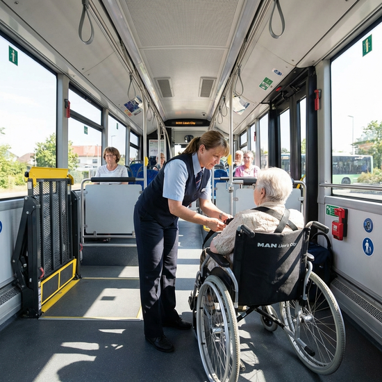 Ein Fahrer befestigt sorgfältig die Sicherheitsgurte an einem Rollstuhl im Innenraum eines geräumigen Transportbusses.