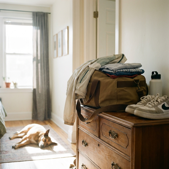 Eine gepackte Tasche mit Wechselkleidung und einer leichten Jacke steht griffbereit auf einer Kommode im Flur einer hellen Wohnung.