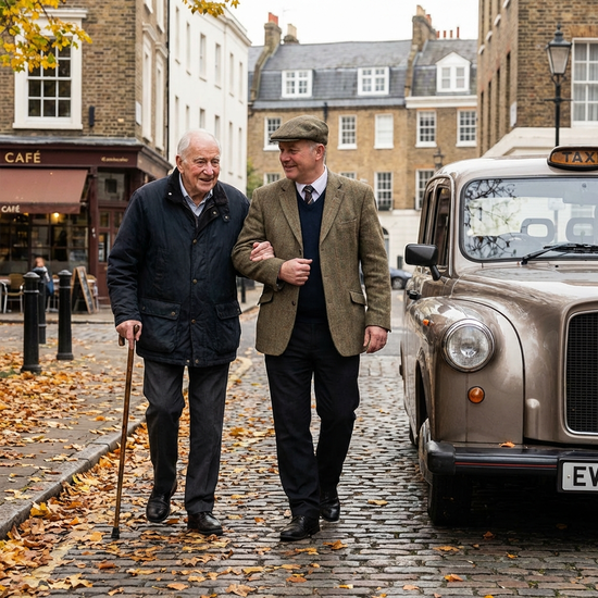 Ein freundlicher Fahrer reicht einem älteren Herrn mit Gehstock stützend den Arm auf dem Weg zum Fahrzeug.