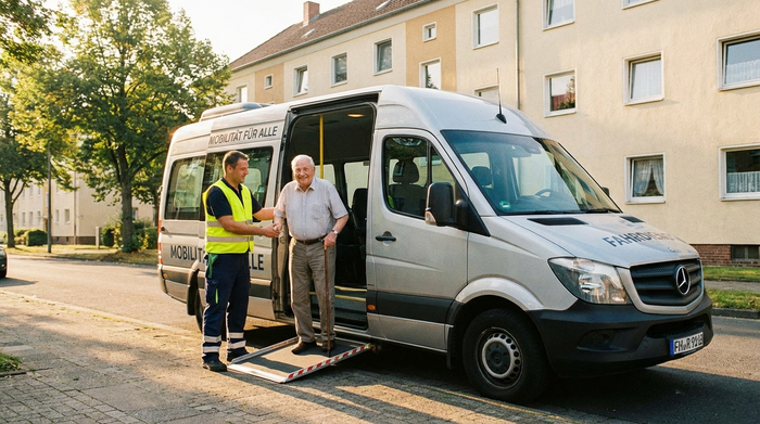 Ein freundlicher Fahrer eines barrierefreien Kleinbusses hilft einem lächelnden älteren Herrn mit Gehstock behutsam beim Einsteigen. Der Bus steht vor einem typischen Wohnhaus in einer ruhigen Straße. Sonniger Vormittag, realistische und sichere Umgebung.