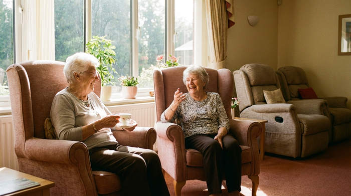 Zwei fröhliche Seniorinnen sitzen in gemütlichen Sesseln in einem hellen Ruheraum einer Pflegeeinrichtung. Sie unterhalten sich angeregt, während sanftes Sonnenlicht durch das Fenster fällt. Im Hintergrund stehen bequeme Ruheliegen bereit. Entspannte und friedliche Stimmung.