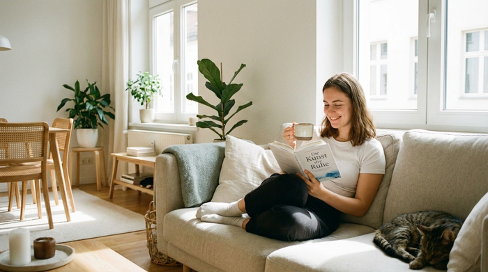 Eine entspannte, jüngere Frau sitzt mit einer Tasse Kaffee auf ihrem Sofa zu Hause und liest ein Buch, während sie sichtlich die Ruhe genießt. Helles, aufgeräumtes Wohnzimmer. Friedliche und entlastende Atmosphäre.