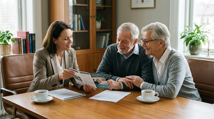 Ein älteres Ehepaar sitzt gemeinsam mit einer freundlichen Beraterin an einem Tisch und schaut sich Informationsmaterial an. Die Beraterin erklärt geduldig die Details, während die Senioren aufmerksam und erleichtert zuhören. Professionelle, vertrauensvolle Gesprächssituation.
