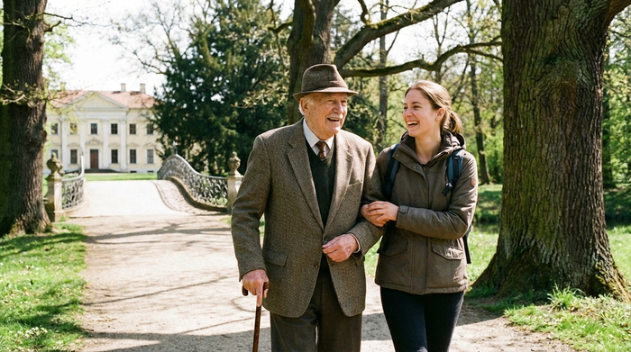 Ein gepflegter älterer Herr und eine hilfsbereite Alltagsbegleiterin spazieren an einem sonnigen Tag gemeinsam durch einen grünen Park in Dessau. Beide lachen und wirken entspannt, umgeben von alten Bäumen.