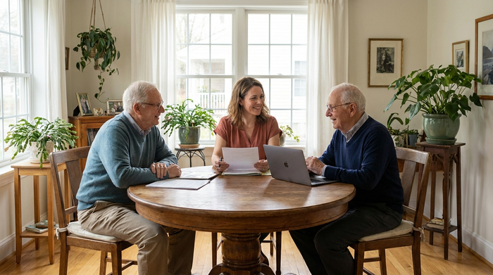Eine professionelle Pflegeberaterin sitzt mit einem älteren Ehepaar an einem runden Holztisch in einem hellen Esszimmer und bespricht freundlich Unterlagen. Ruhige und vertrauensvolle Stimmung im eigenen Zuhause.