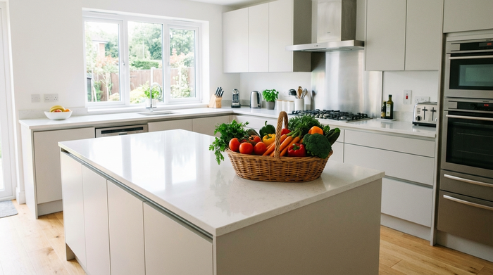 Eine blitzsaubere, moderne Küche mit glänzenden Arbeitsflächen. Ein Korb mit frischem Gemüse steht auf der Theke. Helles, einladendes Ambiente, ordentlich und hygienisch.