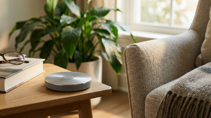Ein unauffälliger, moderner Hausnotruf-Knopf liegt griffbereit auf einem kleinen Beistelltisch neben einem gemütlichen Lesesessel. Im Hintergrund unscharf eine grüne Zimmerpflanze und ein sonniges Fenster.