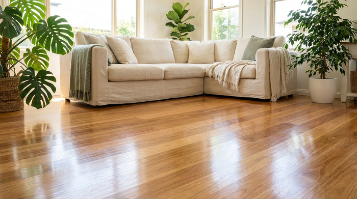 Ein sauberer, glänzender Holzboden in einem aufgeräumten, lichtdurchfluteten Wohnzimmer. Im Hintergrund stehen ein bequemes Sofa und grüne Zimmerpflanzen. Die Atmosphäre ist frisch, ordentlich und einladend. Realistische Fotografie, keine Menschen, kein Text.