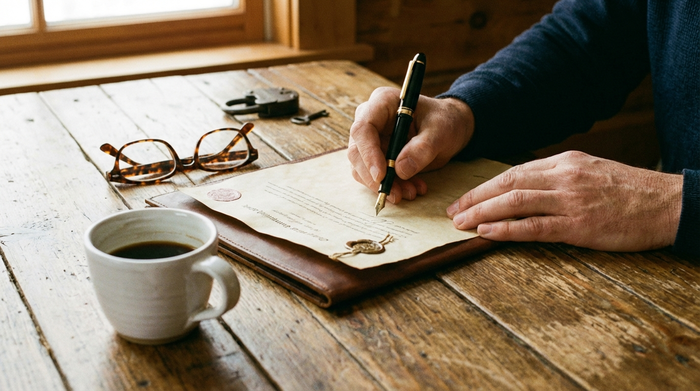 Zwei Hände, die auf einem rustikalen Holztisch ein wichtiges Dokument mit einem edlen Stift unterschreiben. Daneben liegen eine Lesebrille und eine weiße Tasse Kaffee. Fokus auf Sicherheit und Vertrauen, warme Farben, professionelles Setting ohne lesbaren Text.