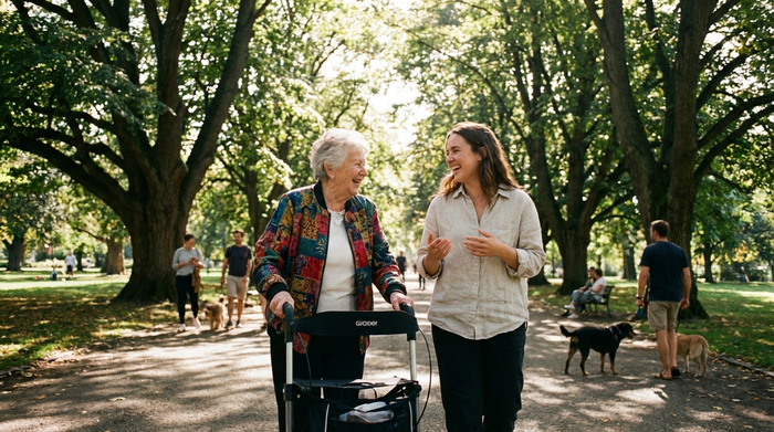 Eine ältere Frau mit einem modernen Rollator spaziert an einem sonnigen Tag gemeinsam mit einer jüngeren Begleitperson durch einen grünen Park mit großen, schattenspendenden Bäumen. Beide unterhalten sich angeregt und lächeln. Realistische, freundliche Szene.