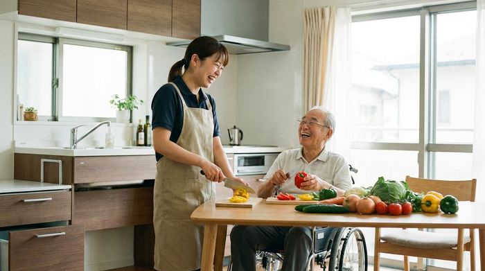 Eine engagierte Betreuungskraft und ein älterer Herr bereiten in einer modernen, barrierefreien Küche gemeinsam frisches Gemüse für das Mittagessen vor. Beide lachen und haben sichtlich Freude an der gemeinsamen Aktivität. Helle, einladende Atmosphäre.
