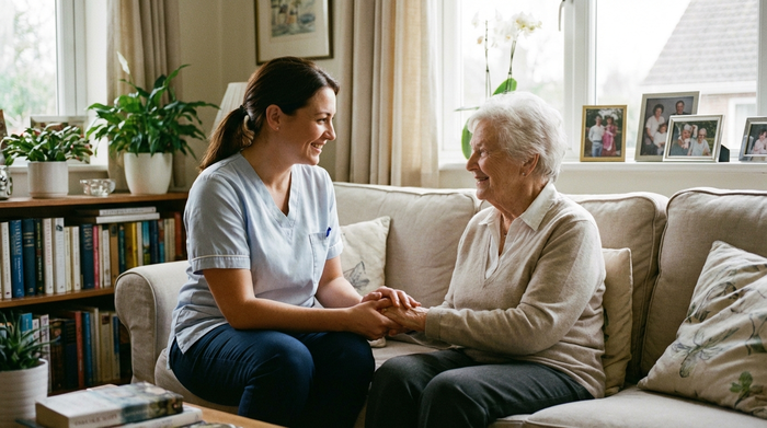 Eine einfühlsame Betreuerin hält sanft die Hand einer älteren Frau. Beide sitzen auf einer gemütlichen Couch im Wohnzimmer und lächeln sich verständnisvoll an. Fokus auf Empathie, Nähe und Vertrauen, weiches Licht, realistische Fotografie.