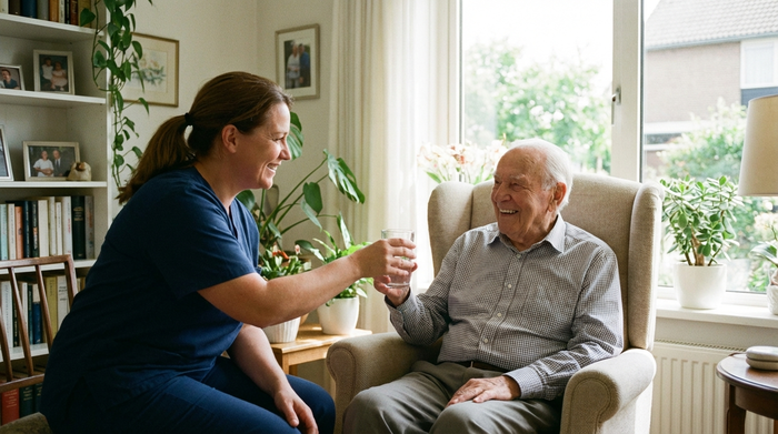 Eine fürsorgliche Betreuungskraft reicht einem älteren Herrn ein Glas Wasser im heimischen Wohnzimmer. Beide lächeln. Helles Tageslicht, ordentliches und sauberes Umfeld.