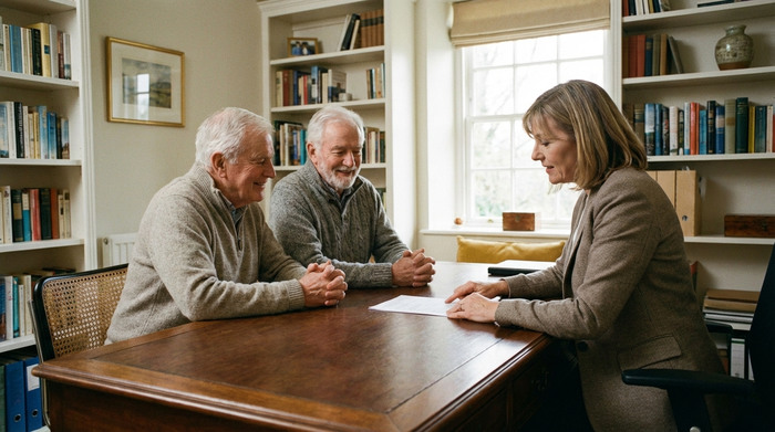 Ein älteres Ehepaar sitzt mit einer Beraterin am Tisch und schaut entspannt auf ein Dokument. Seriöse, vertrauensvolle Stimmung, aufgeräumtes Arbeitszimmer.
