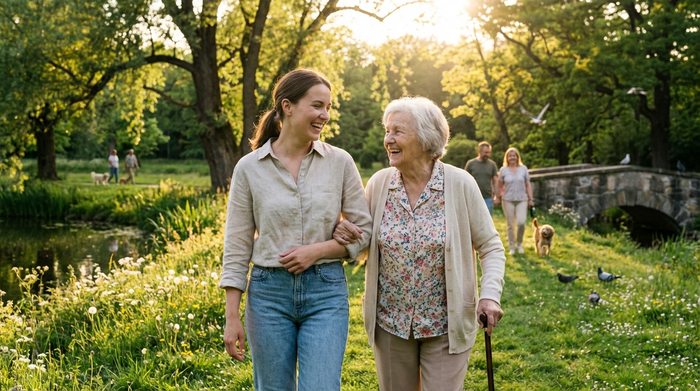 Eine junge Betreuungskraft und eine Seniorin spazieren fröhlich durch einen grünen Park in der Sonne. Entspannte, harmonische Stimmung ohne sichtbare Texttafeln.