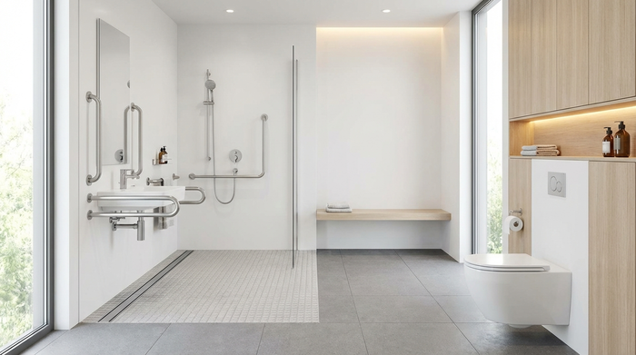 Ein modern ausgestattetes, barrierefreies Badezimmer mit einer bodengleichen Dusche und sicheren Haltegriffen. Sauber, hell und rutschfest gestaltet.