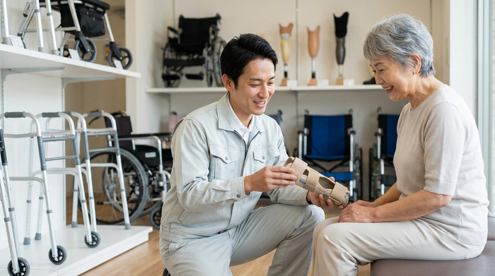 Ein kompetenter, freundlicher Orthopädietechniker in heller Arbeitskleidung berät eine ältere Dame in einem modernen, aufgeräumten Sanitätshaus. Im Hintergrund sind unscharf verschiedene Mobilitätshilfen zu erkennen. Realistische, professionelle Szene.